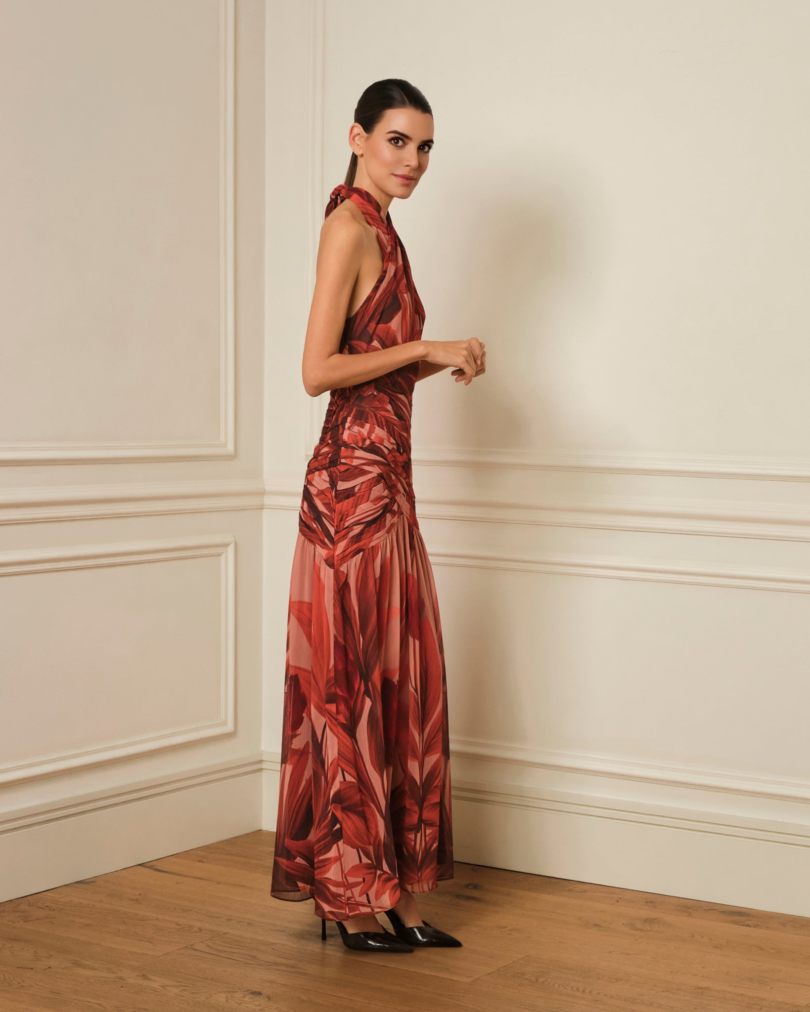 VESTIDO HALTER ESTAMPADO DRAPEADO