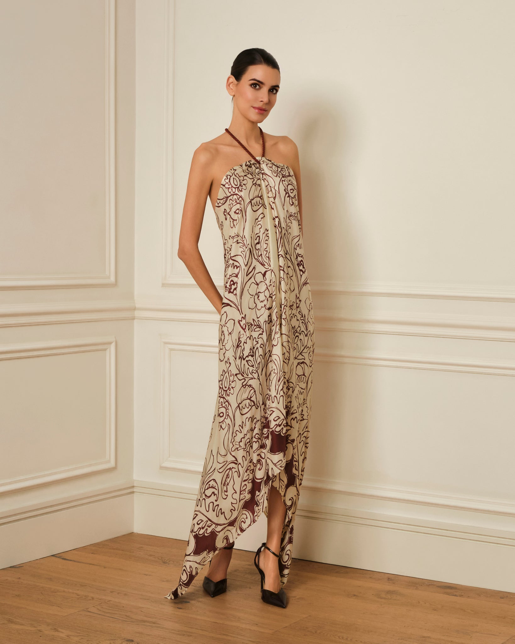 VESTIDO HALTER ASIMETRICO ESTAMPADO CRUDO
