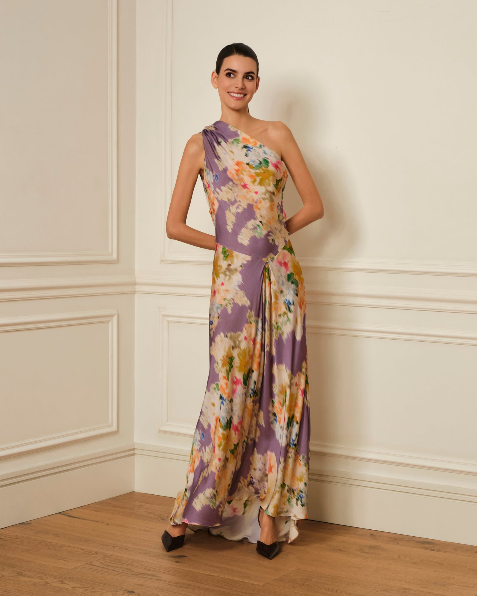 VESTIDO ASIMETRICO LILA ESTAMPADO FLORAL