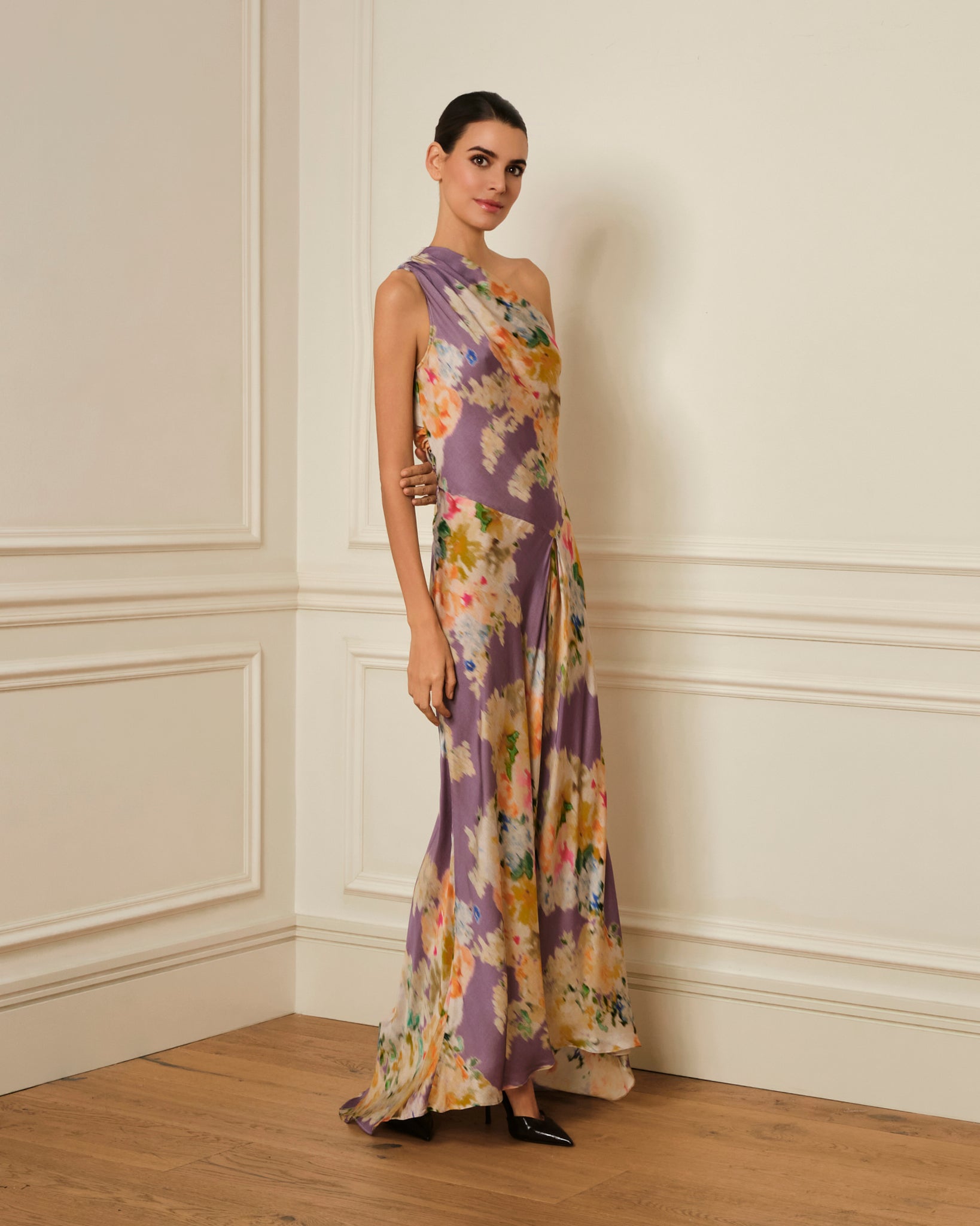 VESTIDO ASIMETRICO LILA ESTAMPADO FLORAL