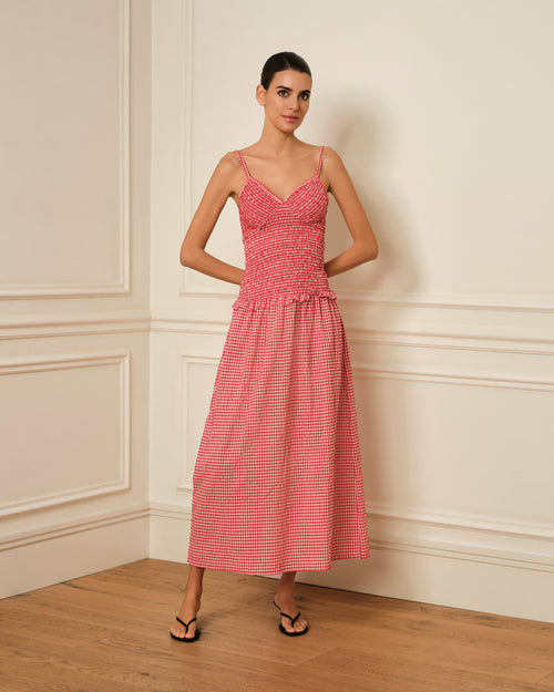 VESTIDO DE TIRANTES CON ESTAMPADO VICHY ROJO