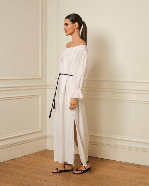 VESTIDO BARDOT ESTAMPADO RAYAS BLANCO