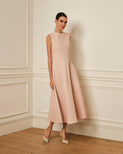 VESTIDO MIDI DENIM CON COSTURAS VISTAS ROSA