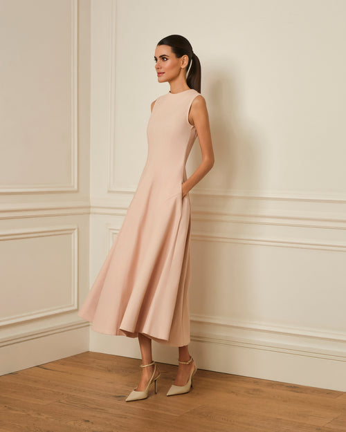 PREVENTA VESTIDO MIDI DENIM CON COSTURAS VISTAS ROSA