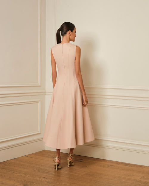 VESTIDO MIDI DENIM CON COSTURAS VISTAS ROSA