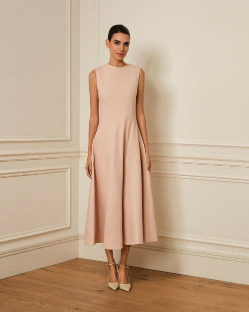 VESTIDO MIDI DENIM CON COSTURAS VISTAS ROSA