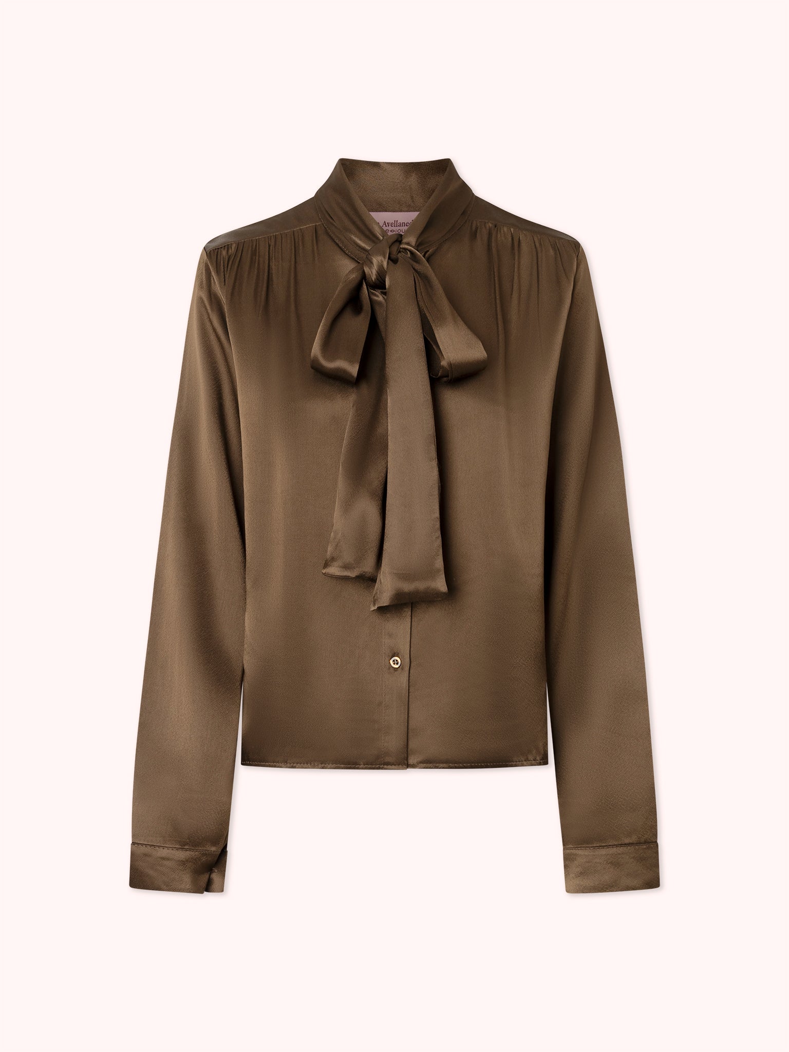 CAMISA SATINADA CON LAZADA EN CUELLO MARRÓN