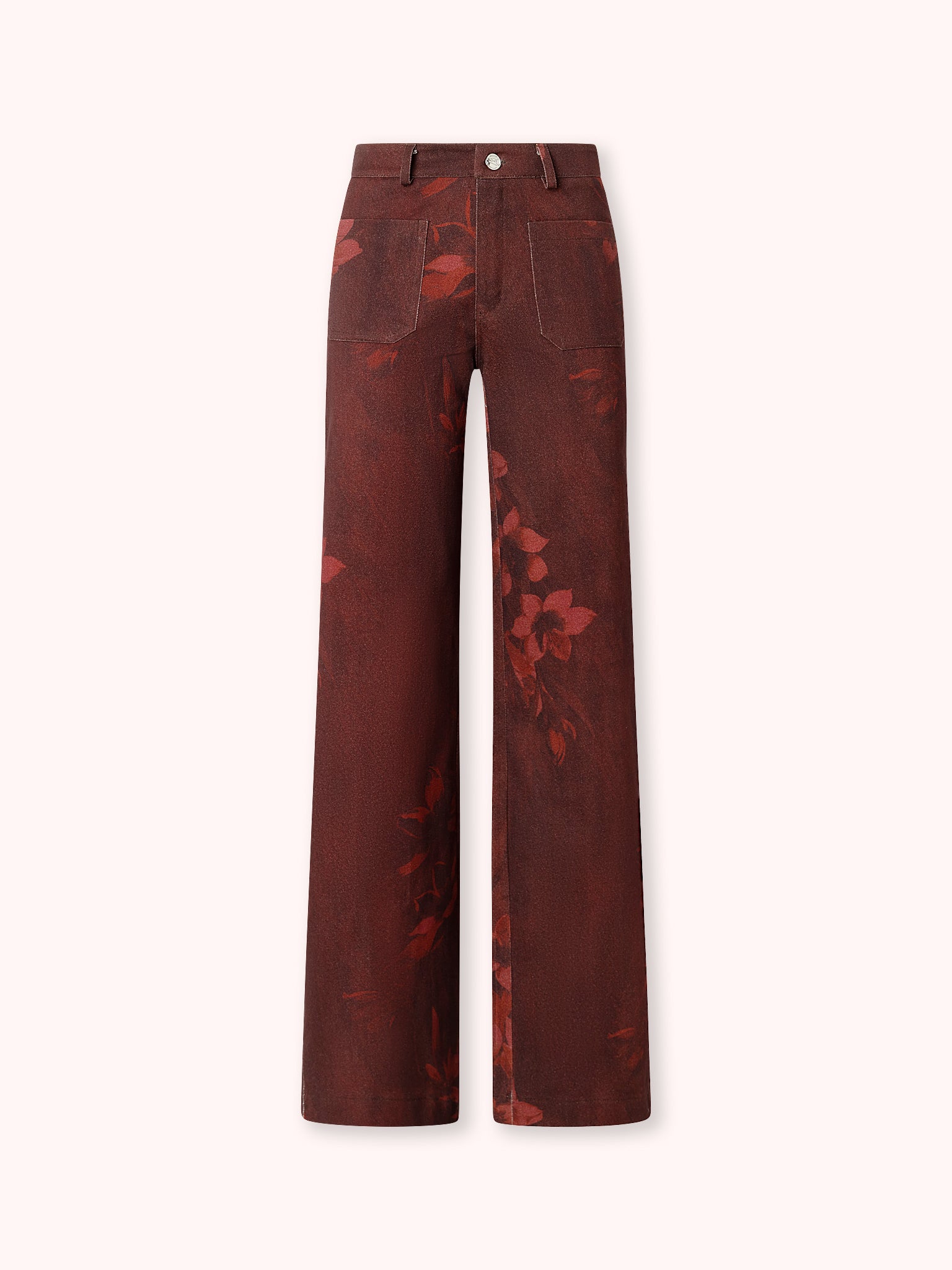 PANTALÓN FLARE CON ESTAMPADO FLORAL BURDEOS
