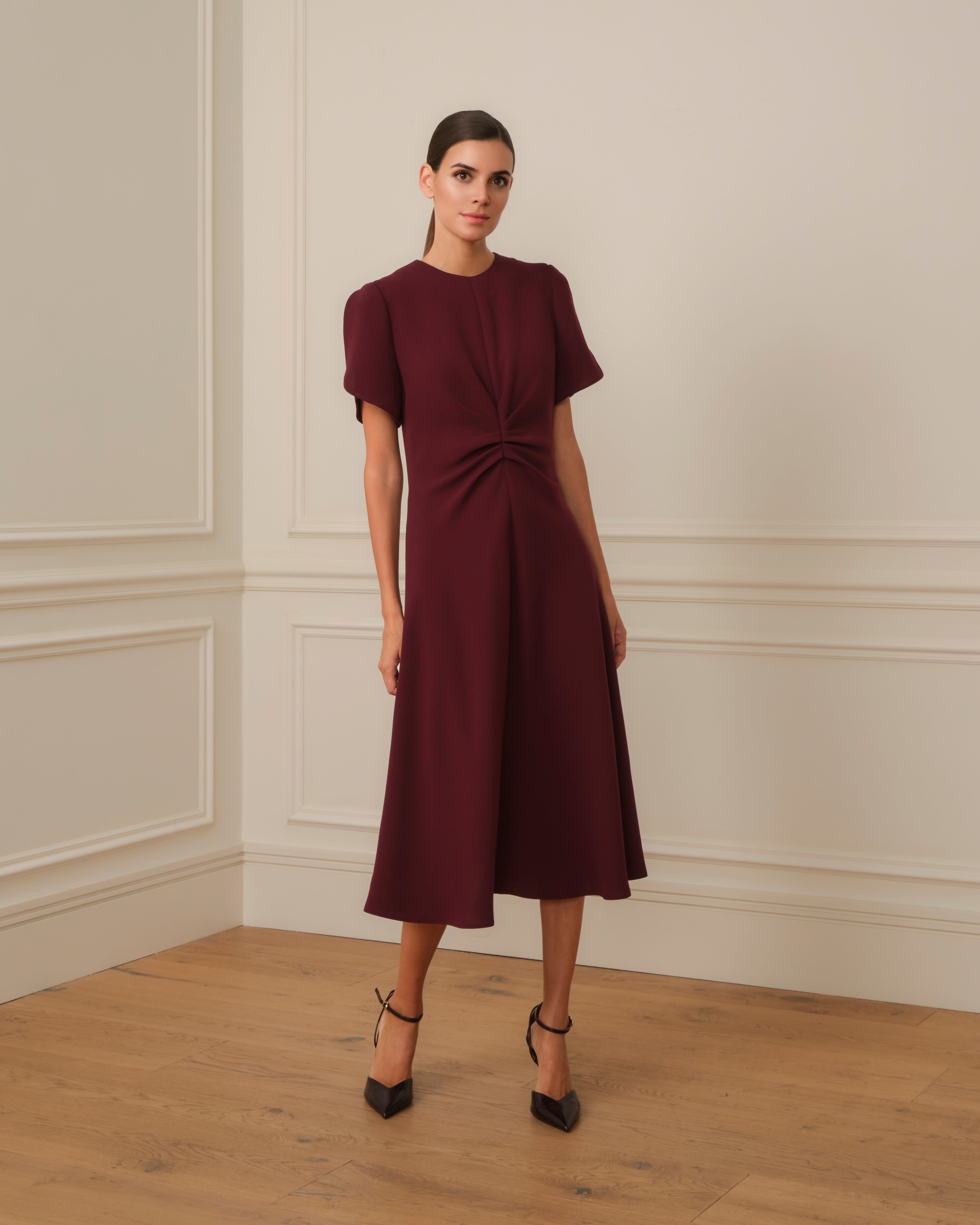 VESTIDO DRAPEADO MIDI GRANATE