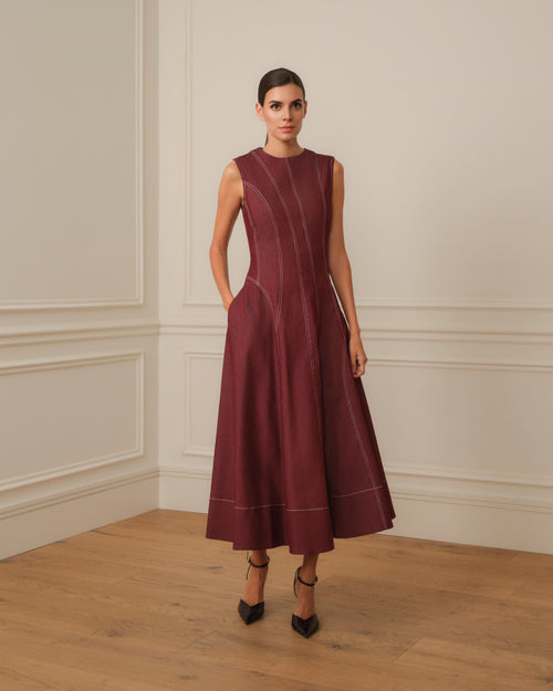 PREVENTA VESTIDO MIDI DENIM CON COSTURAS VISTAS GRANATE