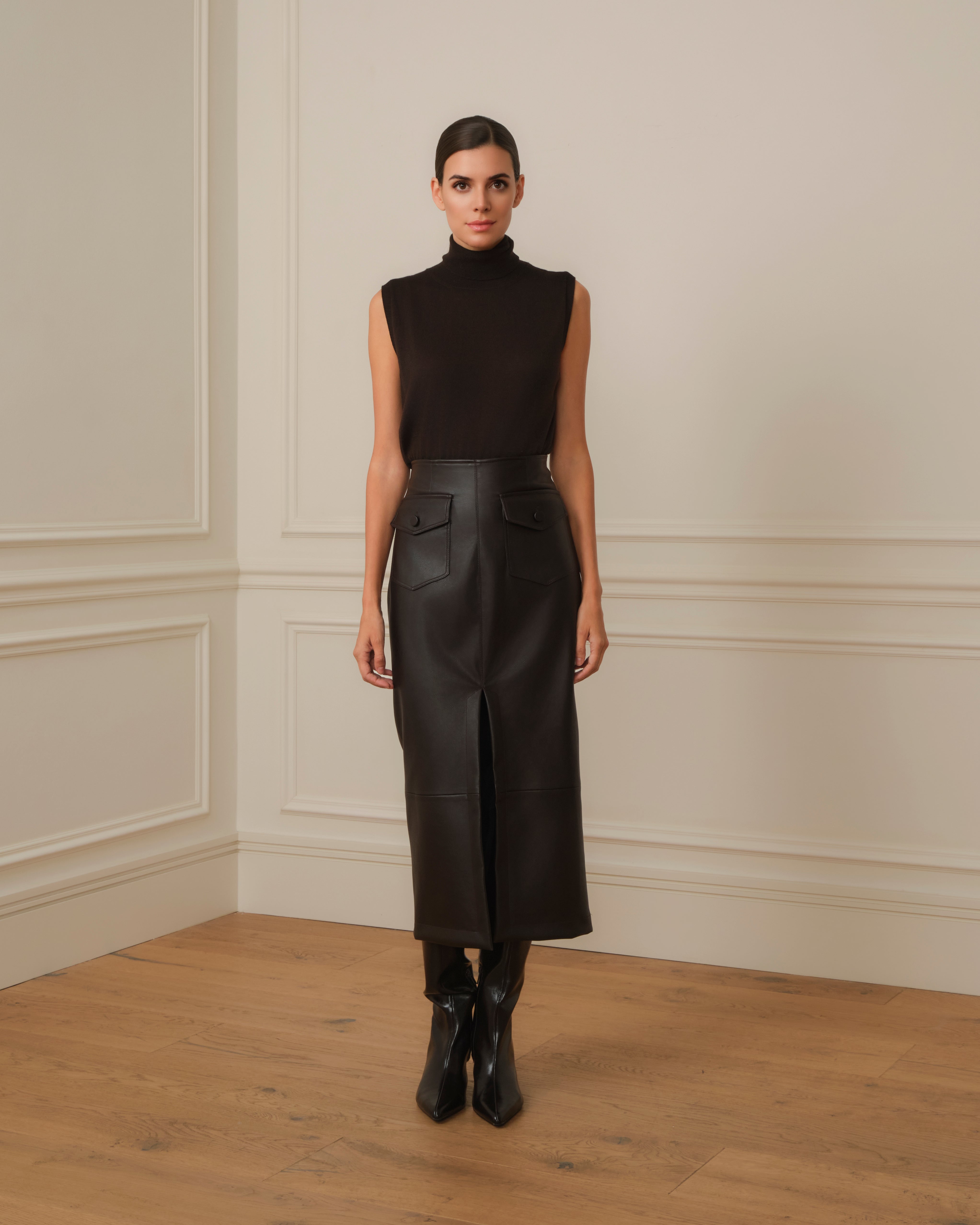 FALDA MIDI CON APERTURA FRONTAL EFECTO PIEL MARRÓN