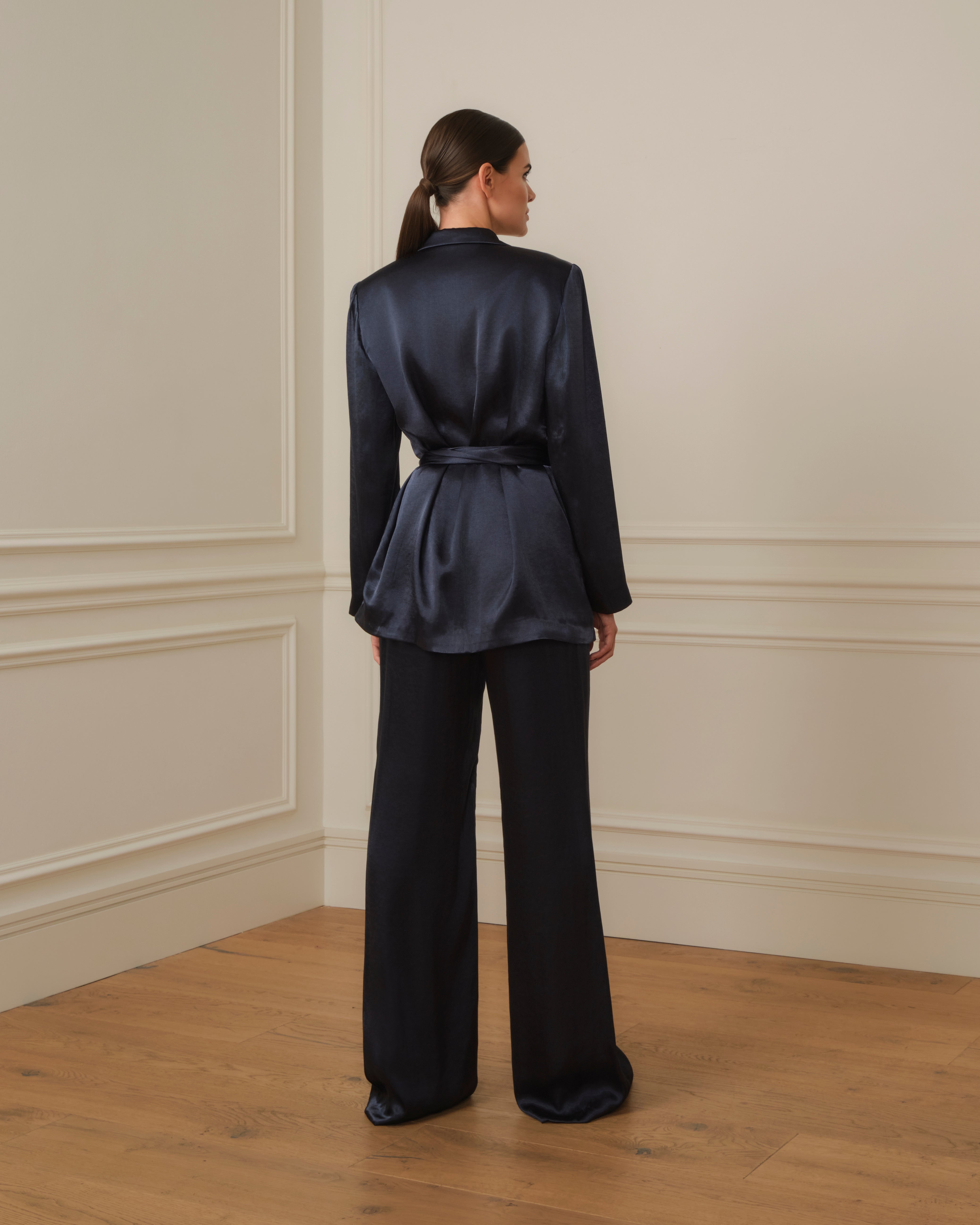 PANTALÓN PALAZZO SATINADO AZUL MARINO