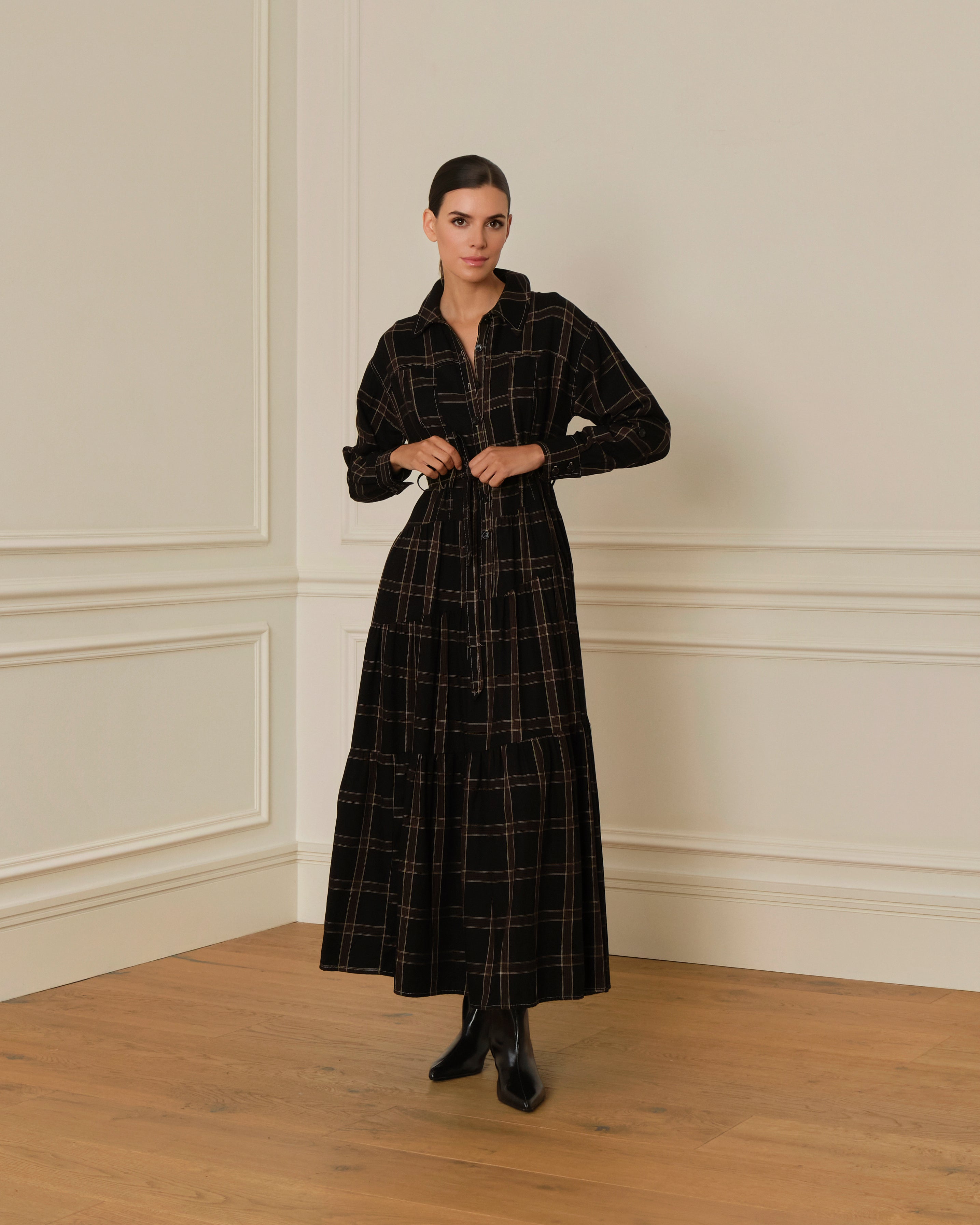 VESTIDO CAMISERO LARGO DE CUADROS