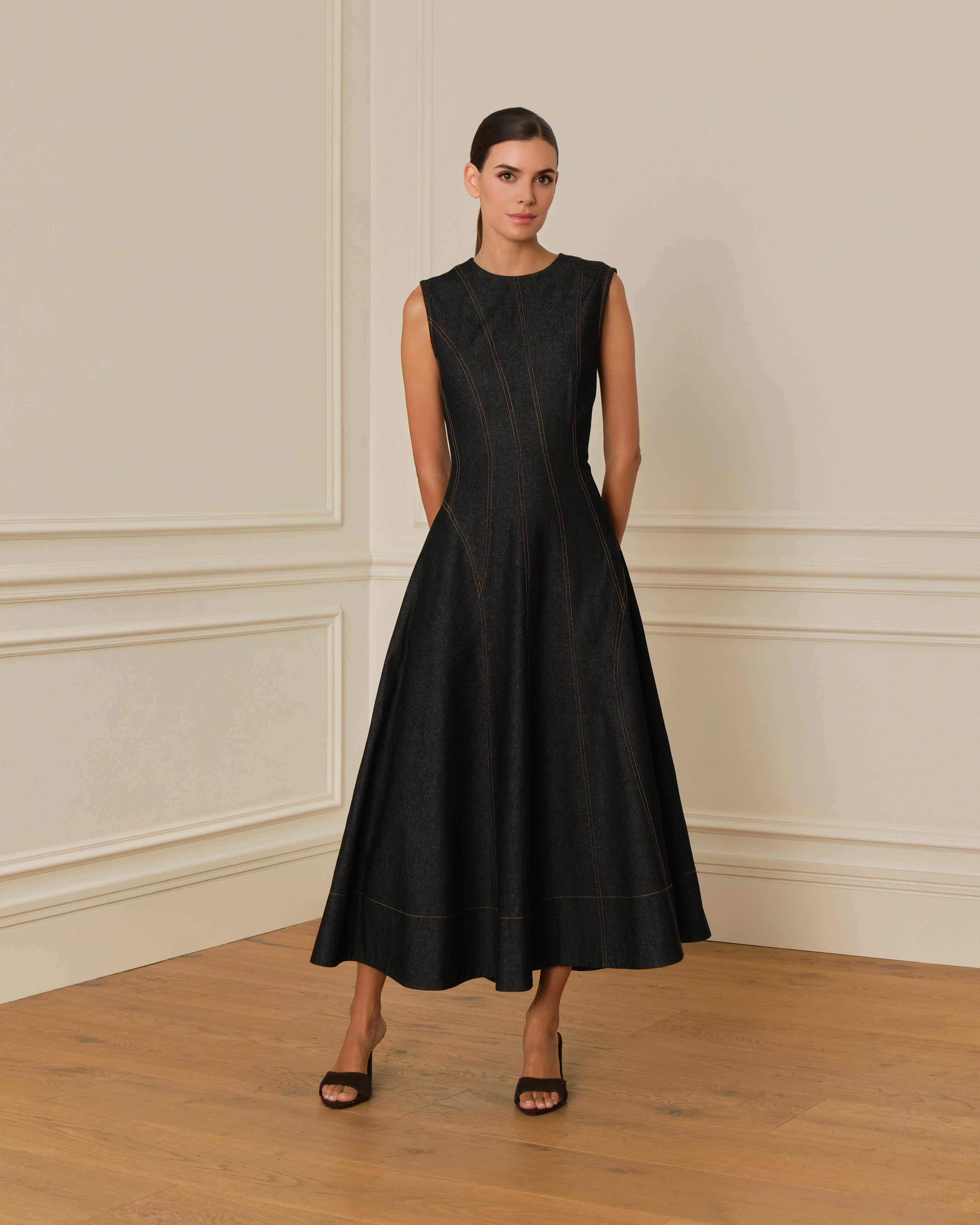 PREVENTA VESTIDO MIDI DENIM CON COSTURAS VISTAS NEGRO