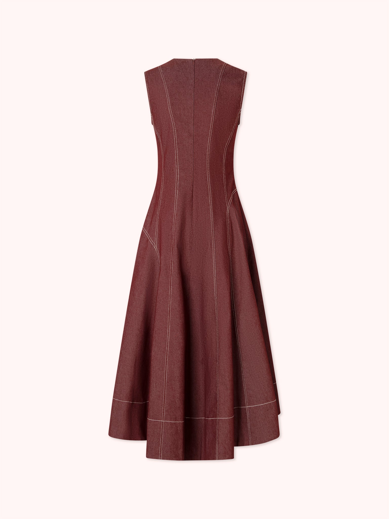 VESTIDO MIDI DENIM CON COSTURAS VISTAS GRANATE