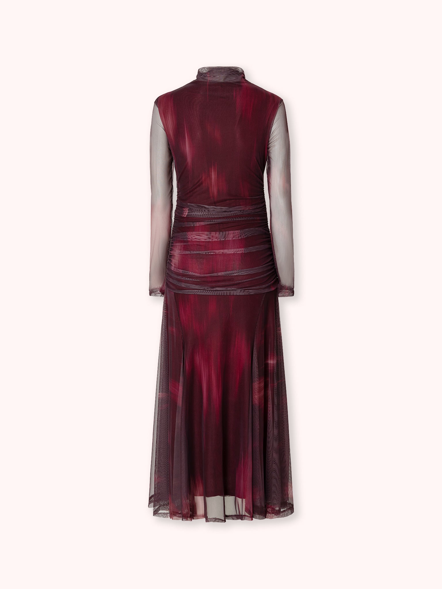 VESTIDO MIDI ESTAMPADO CON DRAPEADO BURDEOS