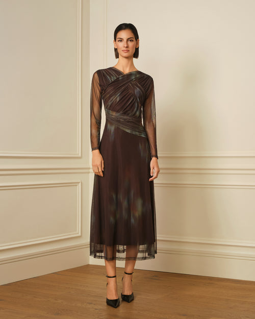 VESTIDO DE TUL CON DRAPEADO CRUZADO MARRÓN