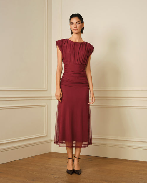 VESTIDO LARGO DRAPEADO HOMBRERAS GRANATE