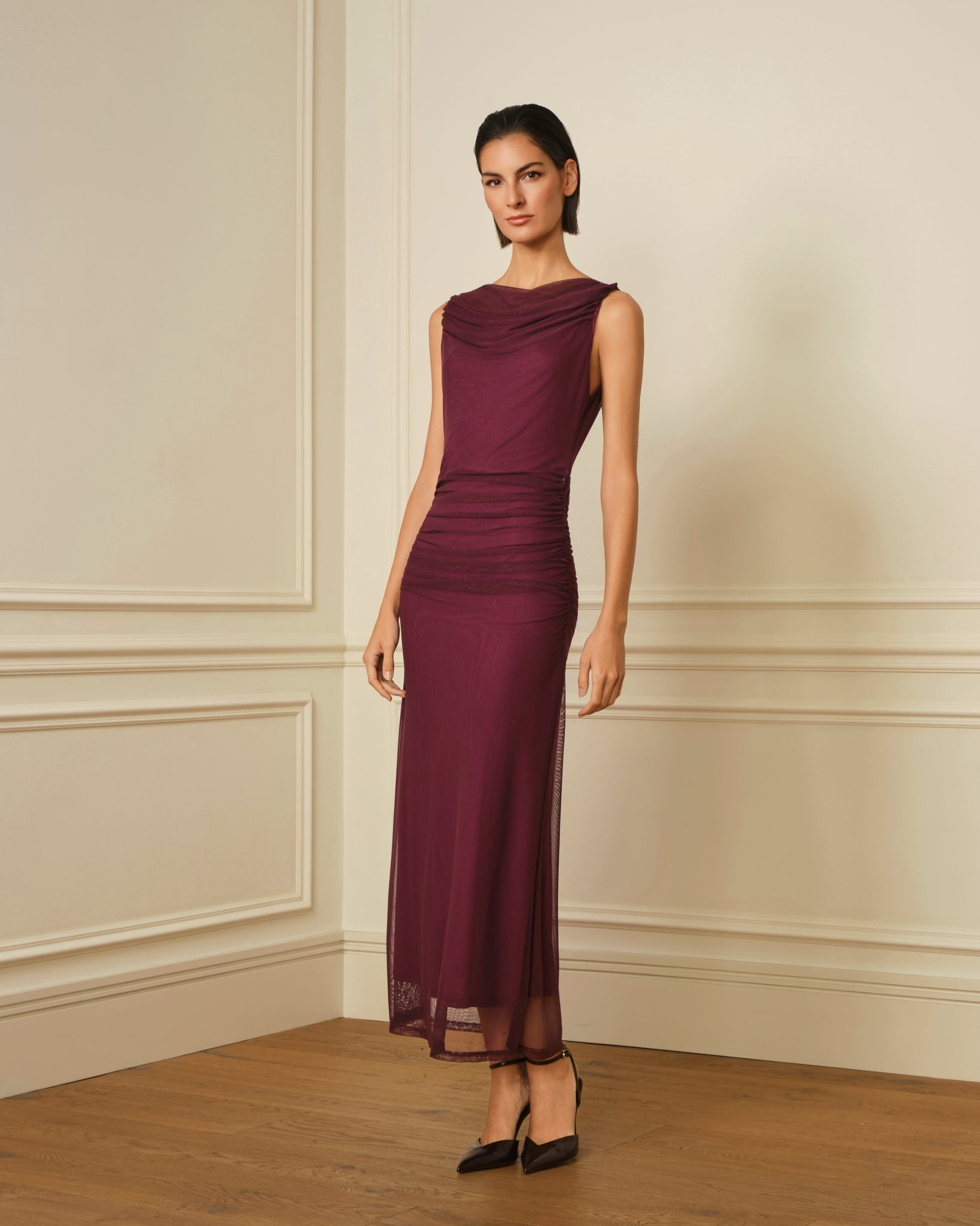 VESTIDO DE TUL CON ESCOTE DRAPEADO VIOLETA