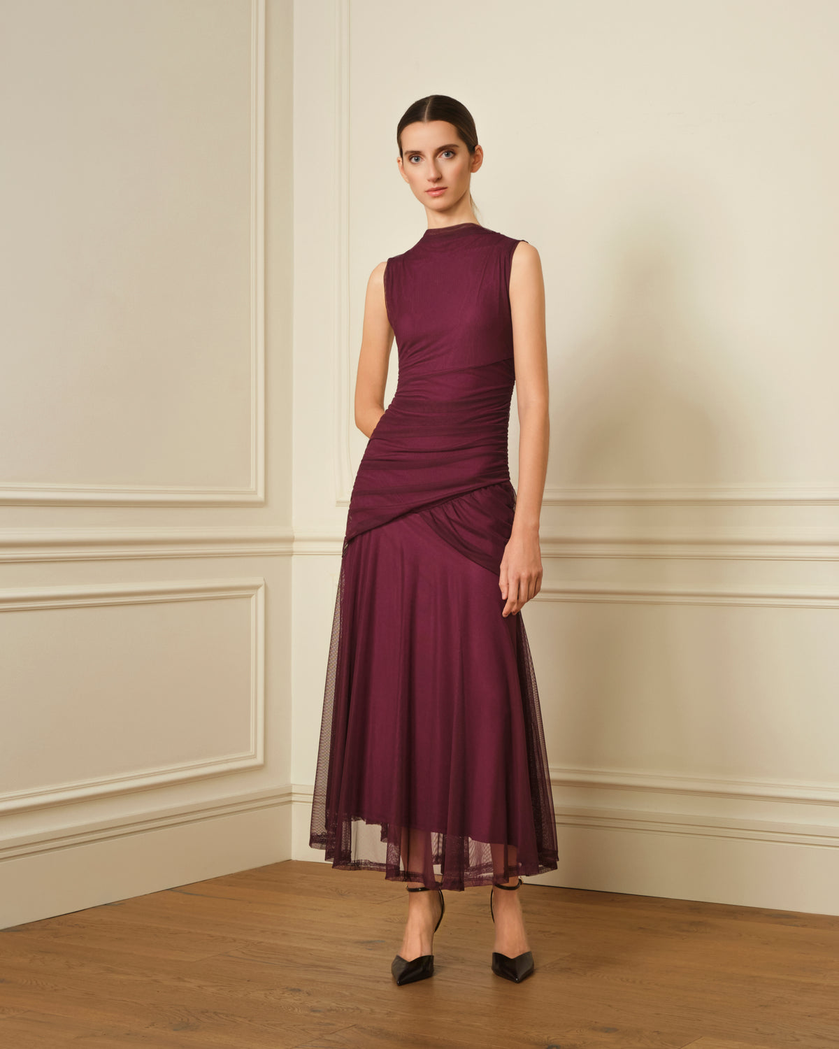 VESTIDO DE TUL DRAPEADO VIOLETA