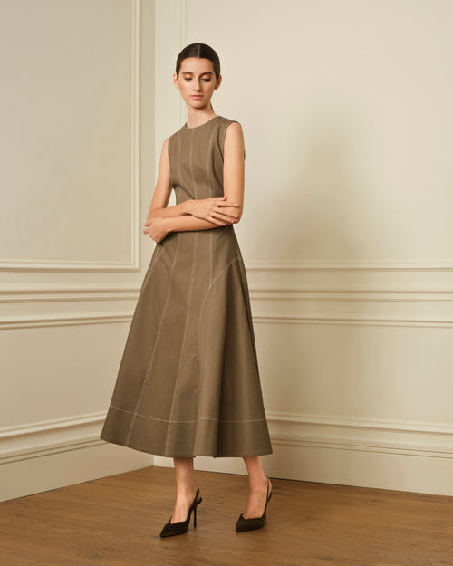 VESTIDO MIDI DENIM CON COSTURAS VISTAS TAUPE