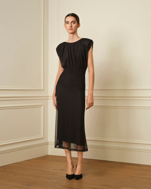 VESTIDO LARGO DRAPEADO HOMBRERAS NEGRO
