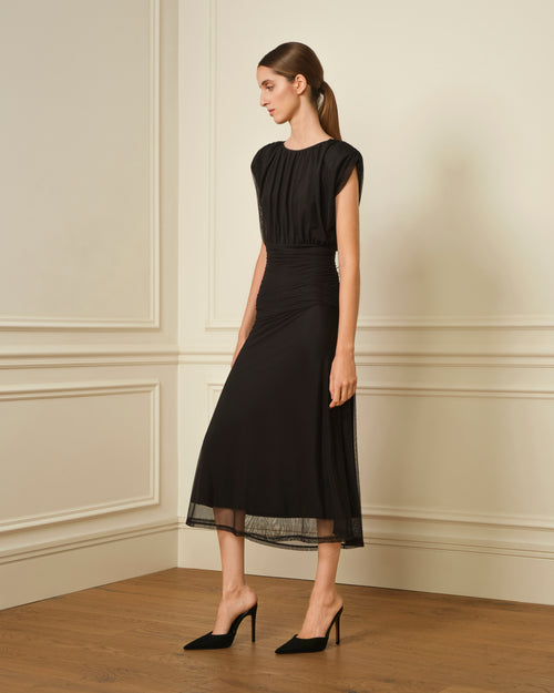 VESTIDO LARGO DRAPEADO HOMBRERAS NEGRO