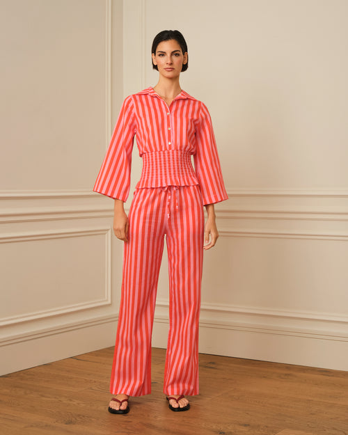 CAMISA NIDO DE ABEJA CON RAYAS ROSA Y NARANJA