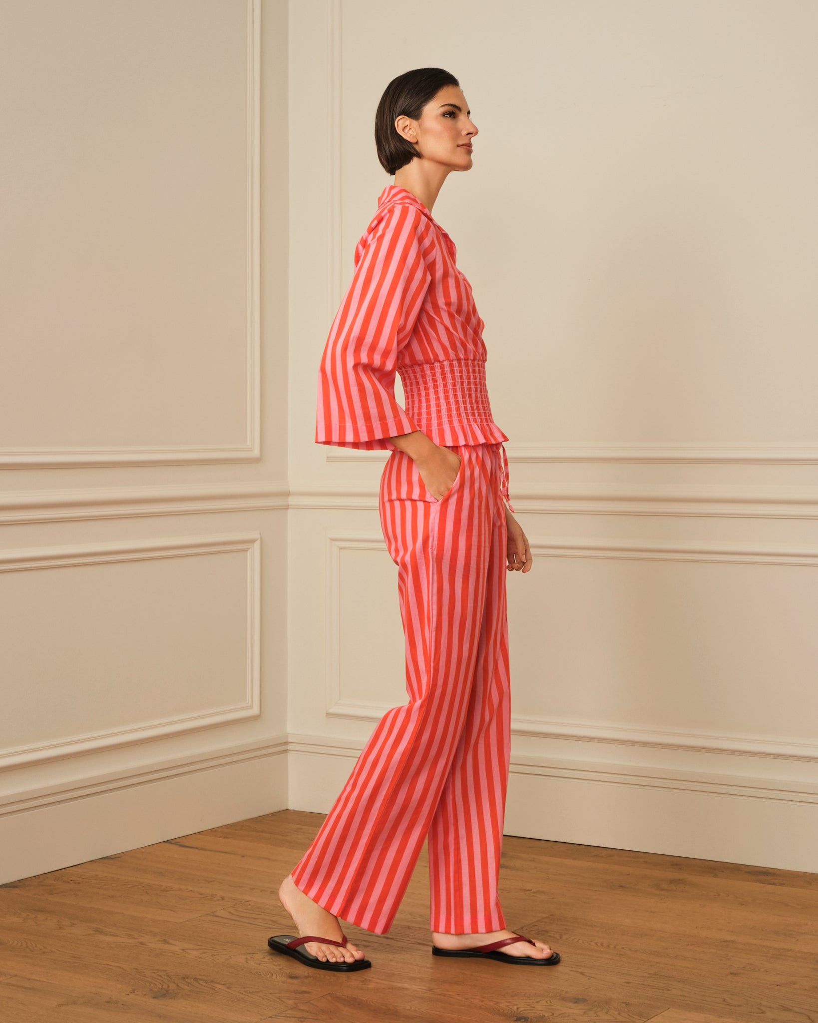 CAMISA NIDO DE ABEJA CON RAYAS ROSA Y NARANJA
