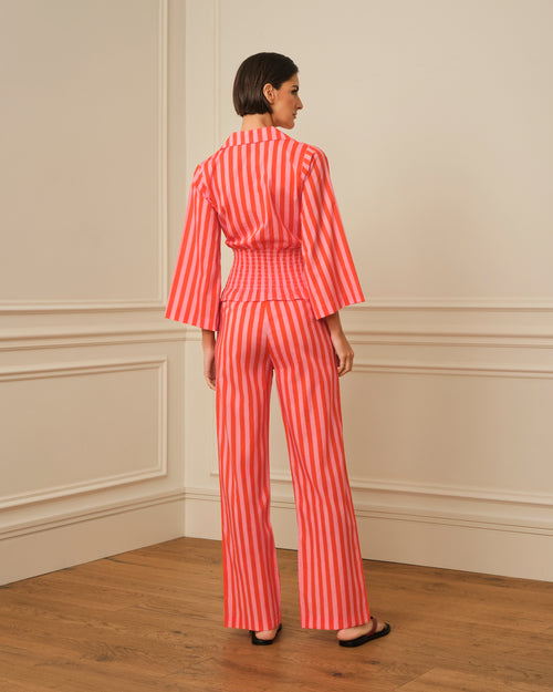 CAMISA NIDO DE ABEJA CON RAYAS ROSA Y NARANJA
