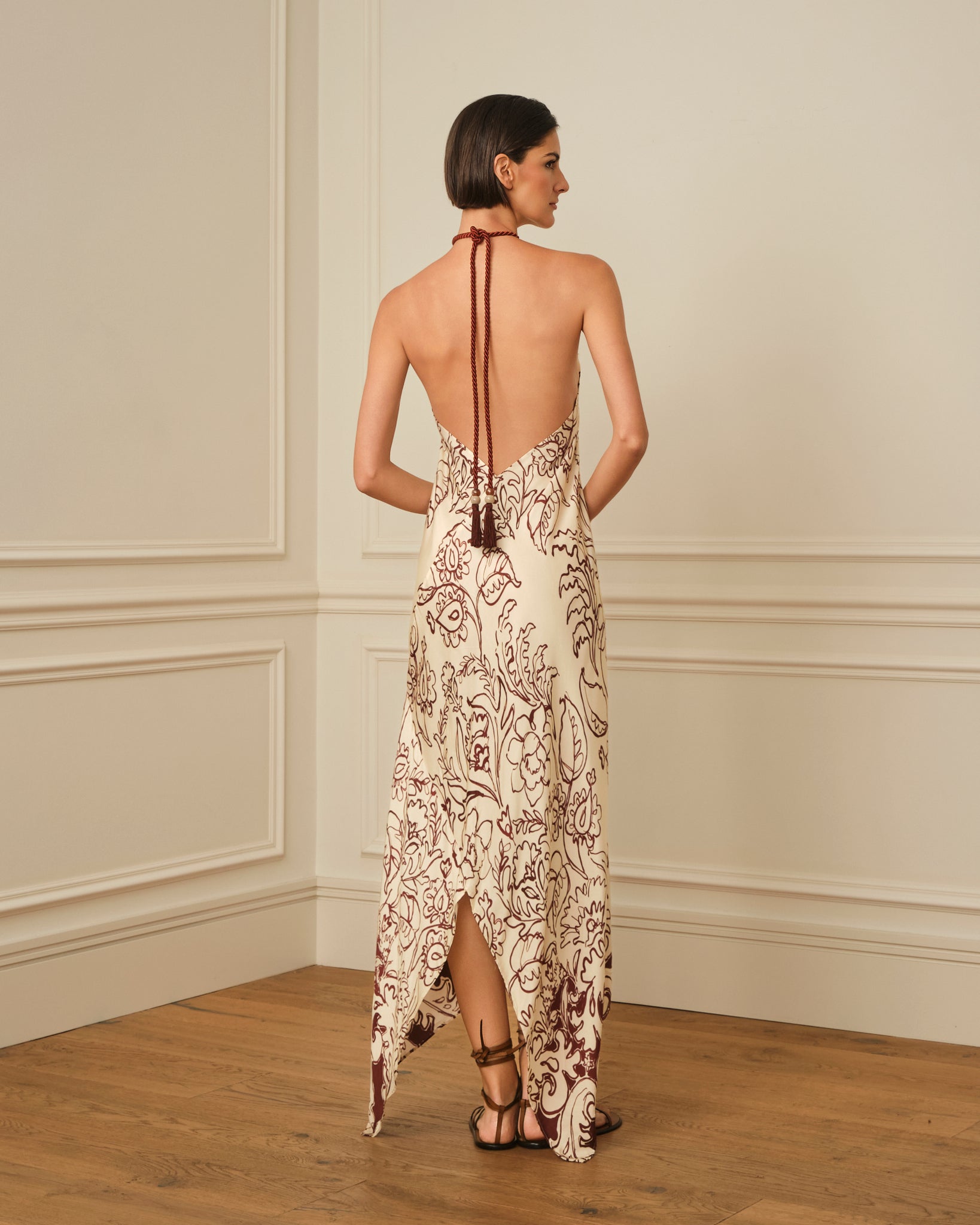 VESTIDO HALTER ASIMETRICO ESTAMPADO CRUDO