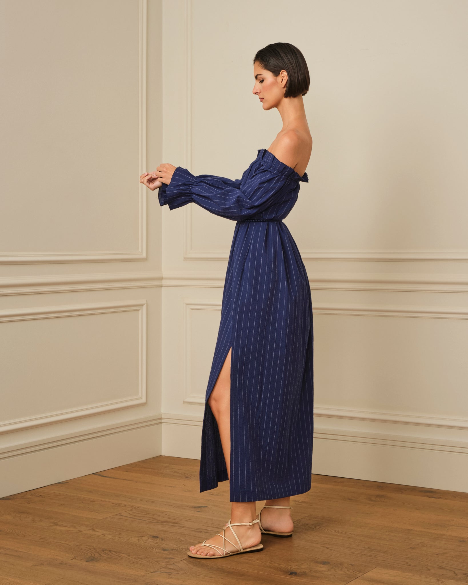 VESTIDO BARDOT ESTAMPADO RAYAS AZUL