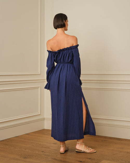 VESTIDO BARDOT ESTAMPADO RAYAS AZUL