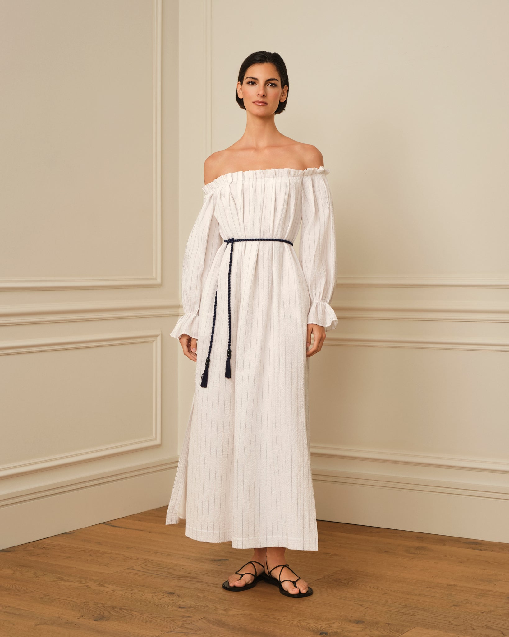 VESTIDO BARDOT ESTAMPADO RAYAS BLANCO