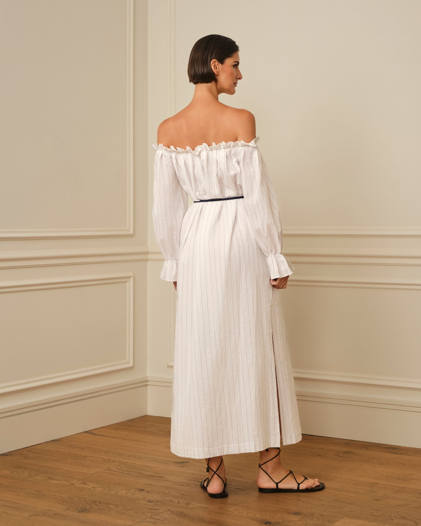 VESTIDO BARDOT ESTAMPADO RAYAS BLANCO