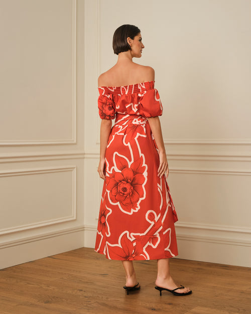 VESTIDO MIDI ESTAMPADO OFF SHOULDER ROJO