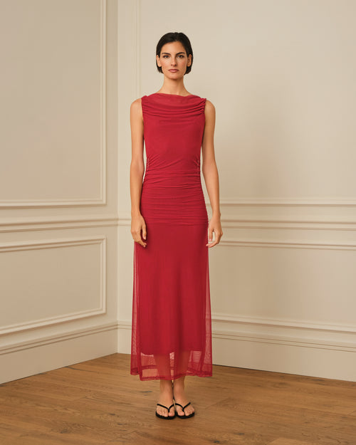 VESTIDO DE TUL CON ESCOTE DRAPEADO GRANATE