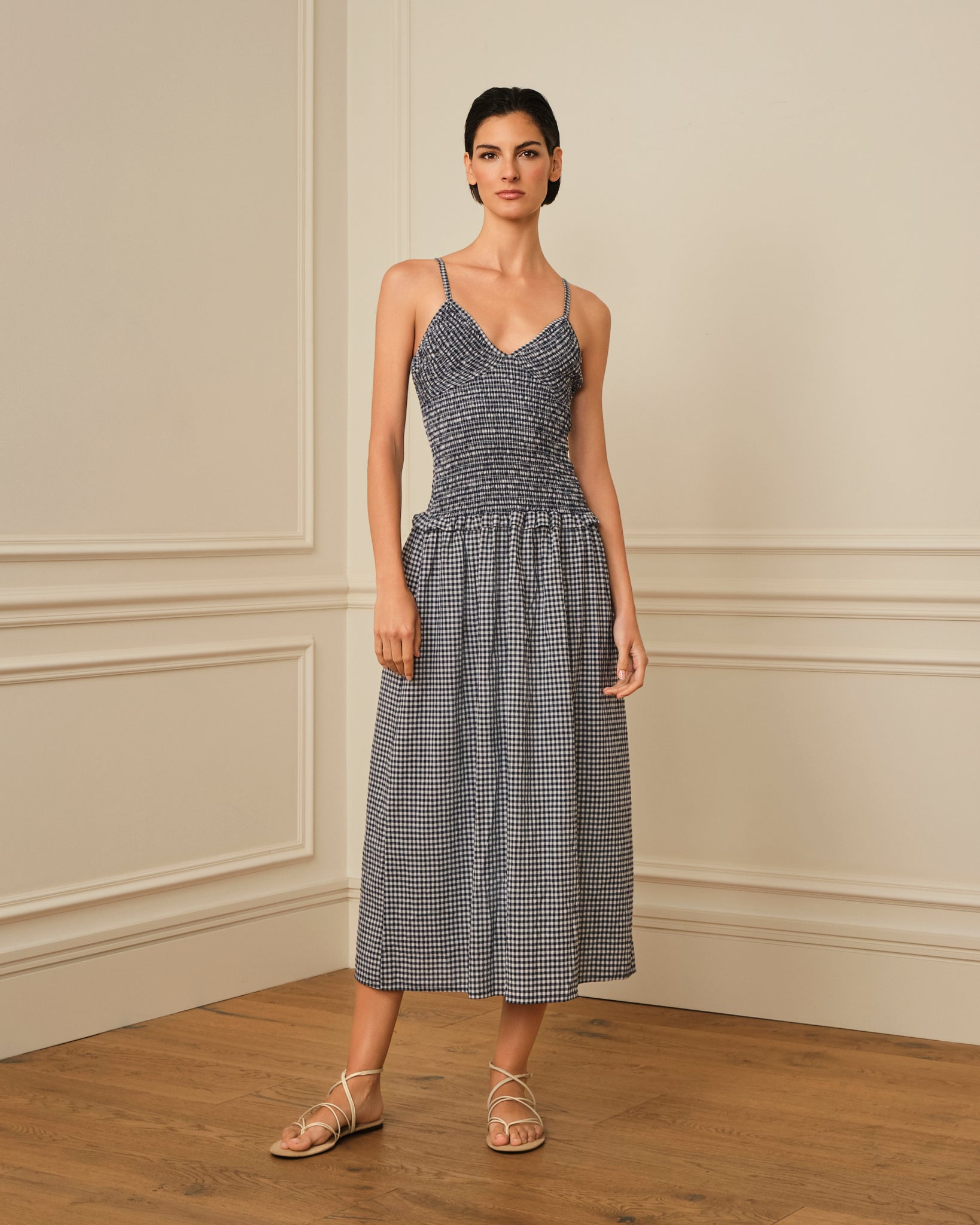 VESTIDO DE TIRANTES CON ESTAMPADO DE VICHY AZUL MARINO