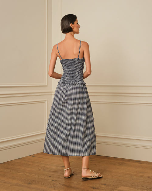VESTIDO DE TIRANTES CON ESTAMPADO DE VICHY AZUL MARINO