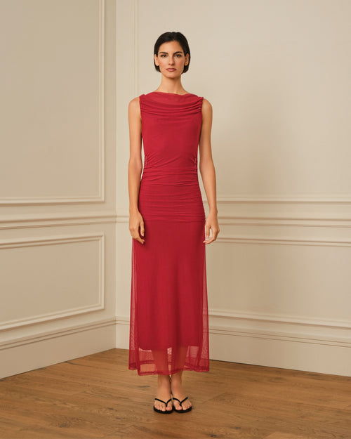VESTIDO DE TUL CON ESCOTE DRAPEADO GRANATE