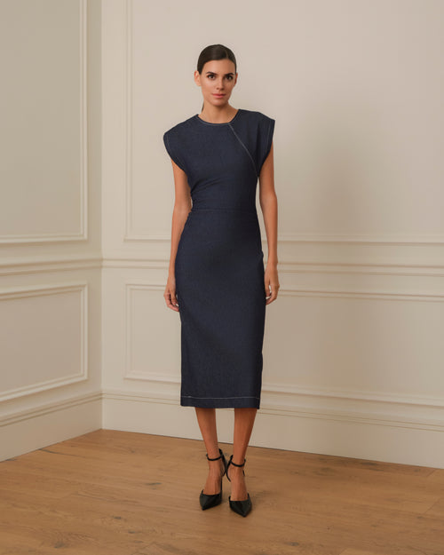 VESTIDO MIDI DRAPEADO DENIM