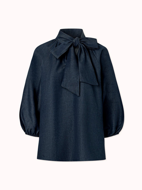 BLUSA MANGA ABULLONADA CON LAZO EN CUELLO DENIM AZUL MARINO