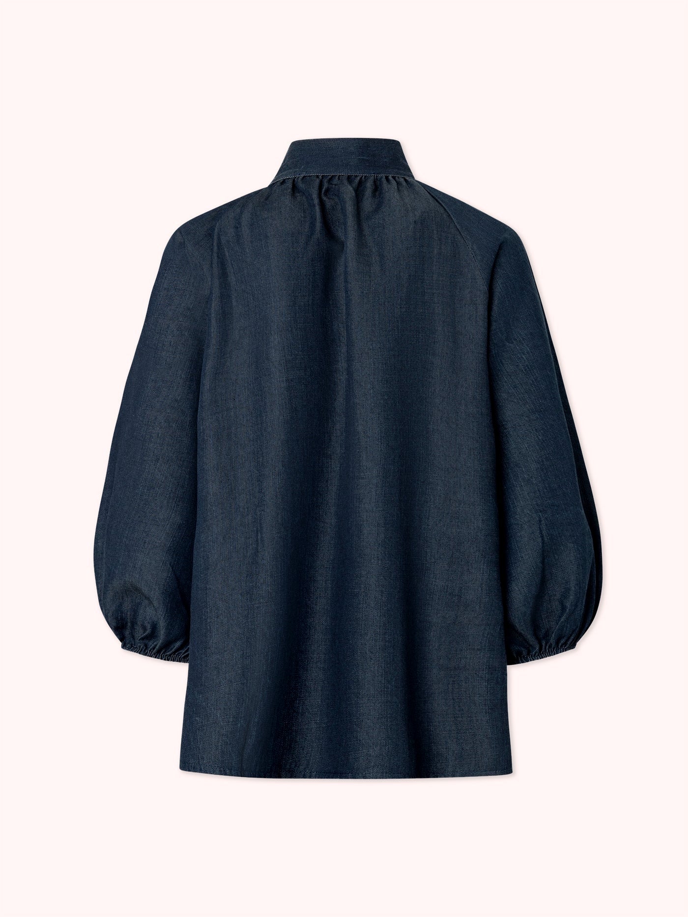 BLUSA MANGA ABULLONADA CON LAZO EN CUELLO DENIM AZUL MARINO