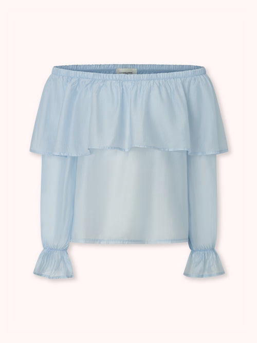 BLUSA OFF SHOULDER CON VOLANTE CELESTE
