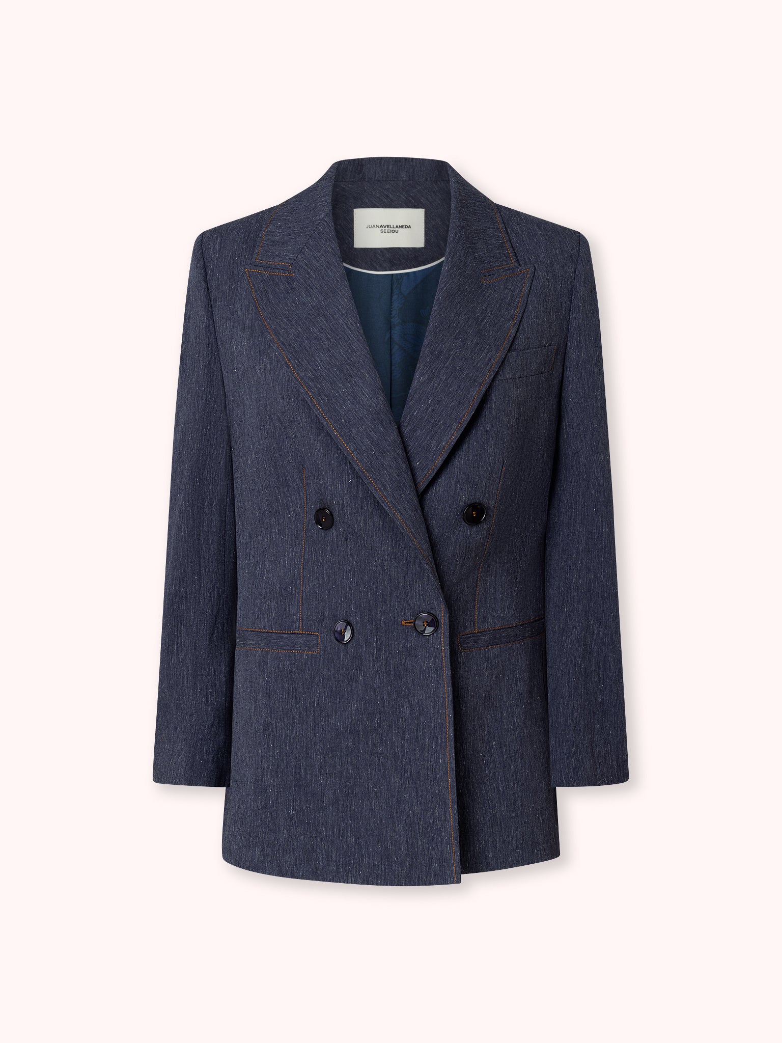 BLAZER CRUZADA CON COSTURAS VISTAS DENIM JASPEADO