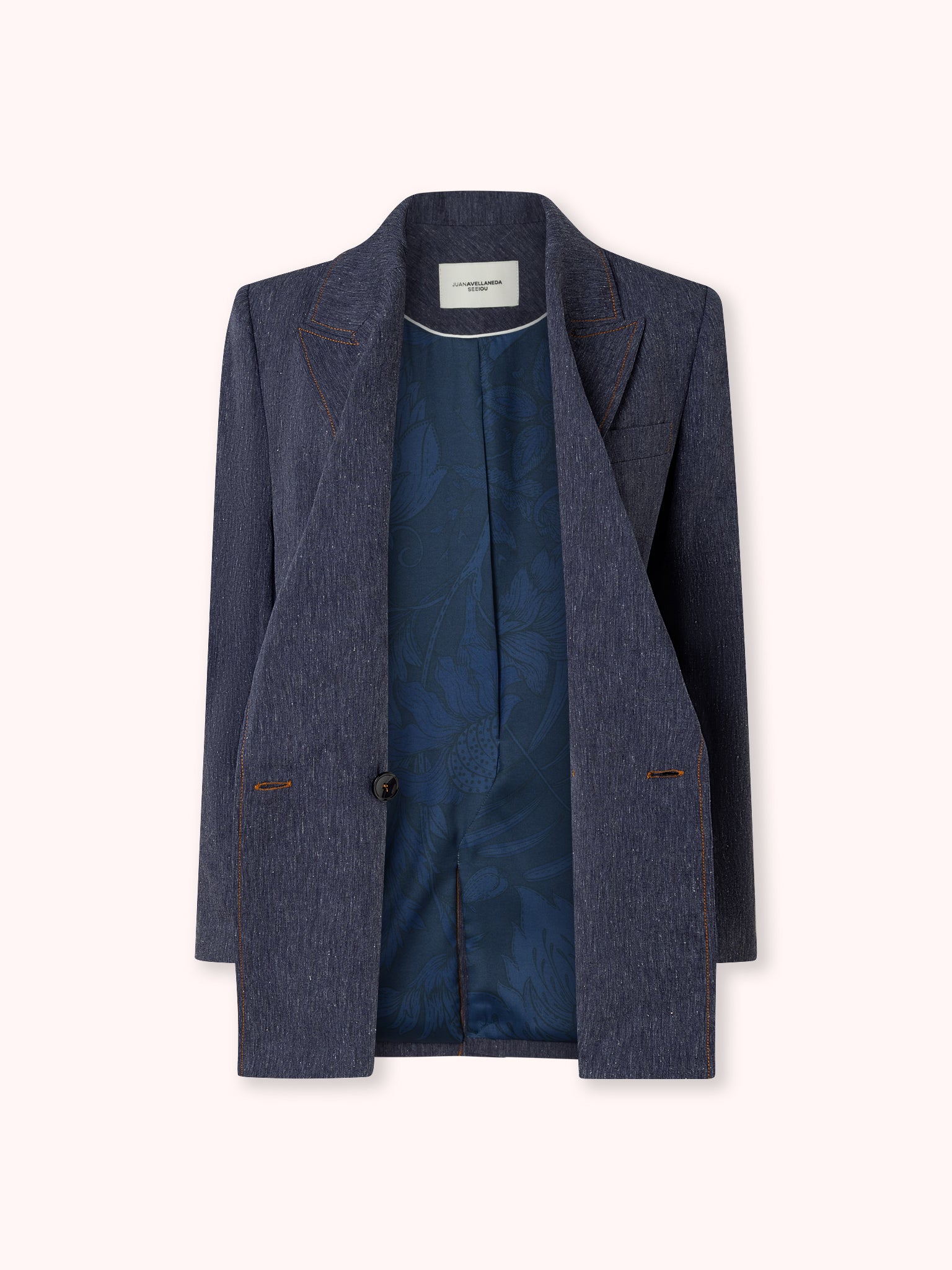 BLAZER CRUZADA CON COSTURAS VISTAS DENIM JASPEADO