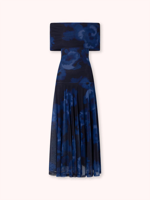 VESTIDO OFF SHOULDER DE TUL AZUL MARINO