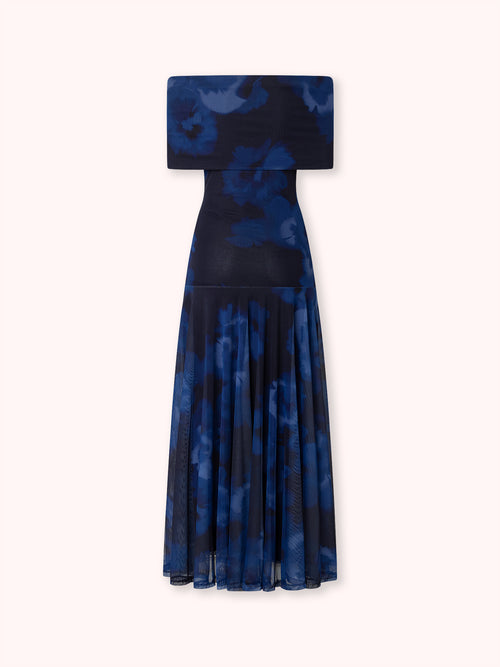 VESTIDO OFF SHOULDER DE TUL AZUL MARINO