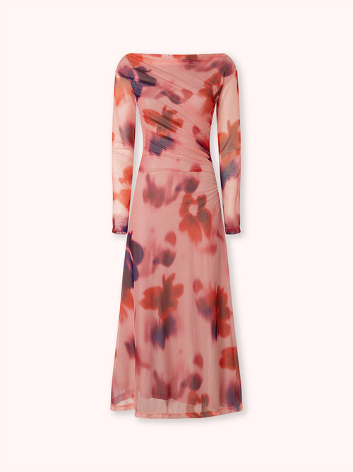 VESTIDO MANGA LARGA DRAPEADO CON ESTAMPADO ROSA