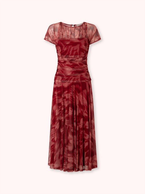 VESTIDO DRAPEADO DE TUL ESTAMPADO ROJO